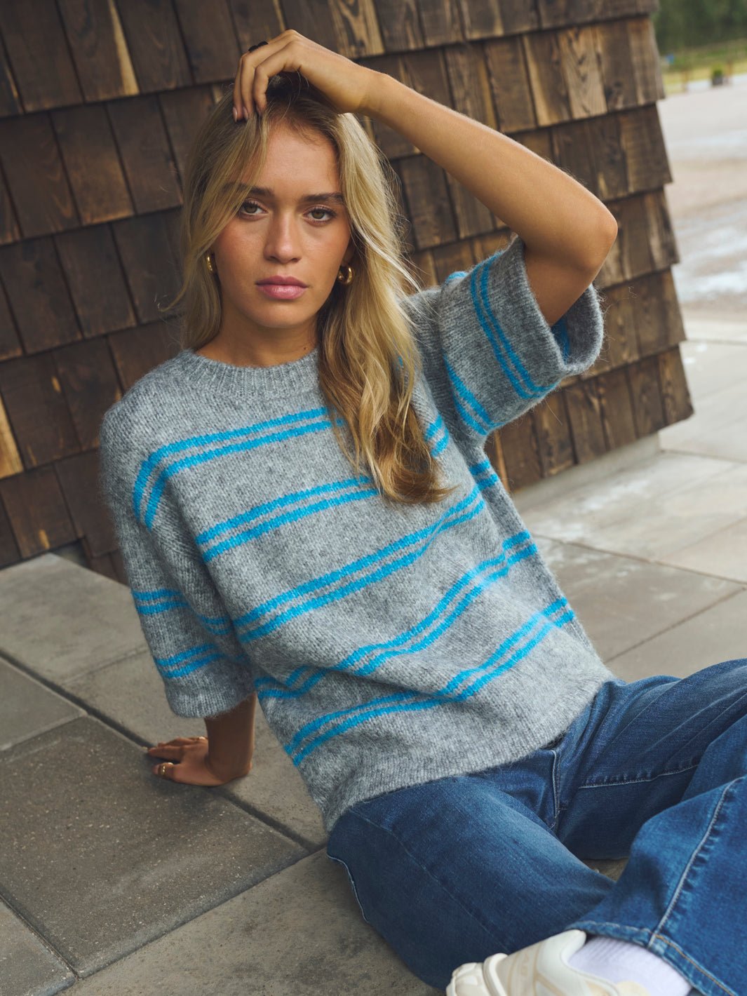 Kaffe KAtrina short sleeve pullover grey melange/blue - Online - Mode