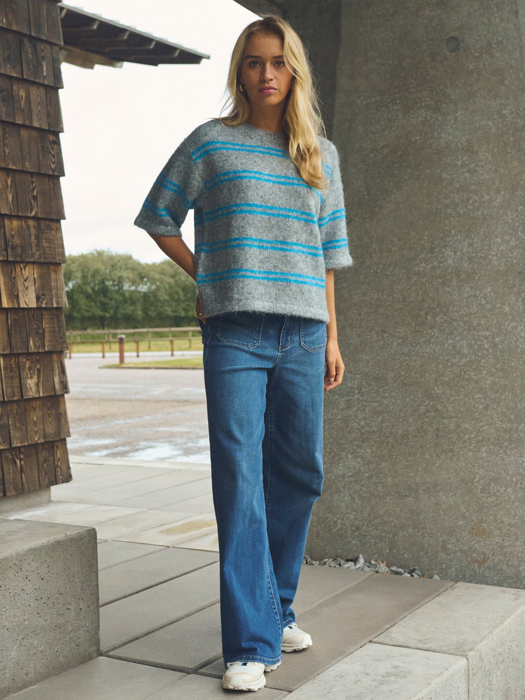 Kaffe KAtrina short sleeve pullover grey melange/blue - Online - Mode