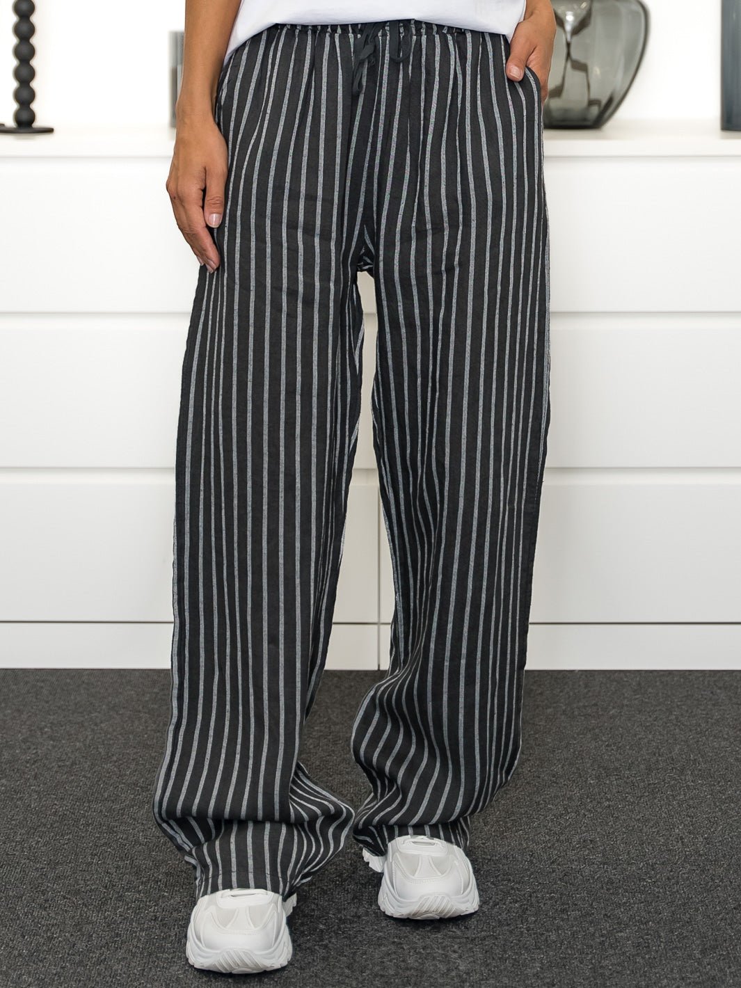 Shay Stripe hør pants antrazit - Online-Mode