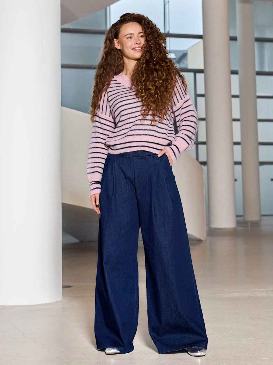 BC Dell striped v-neck jumper rose - Online-Mode