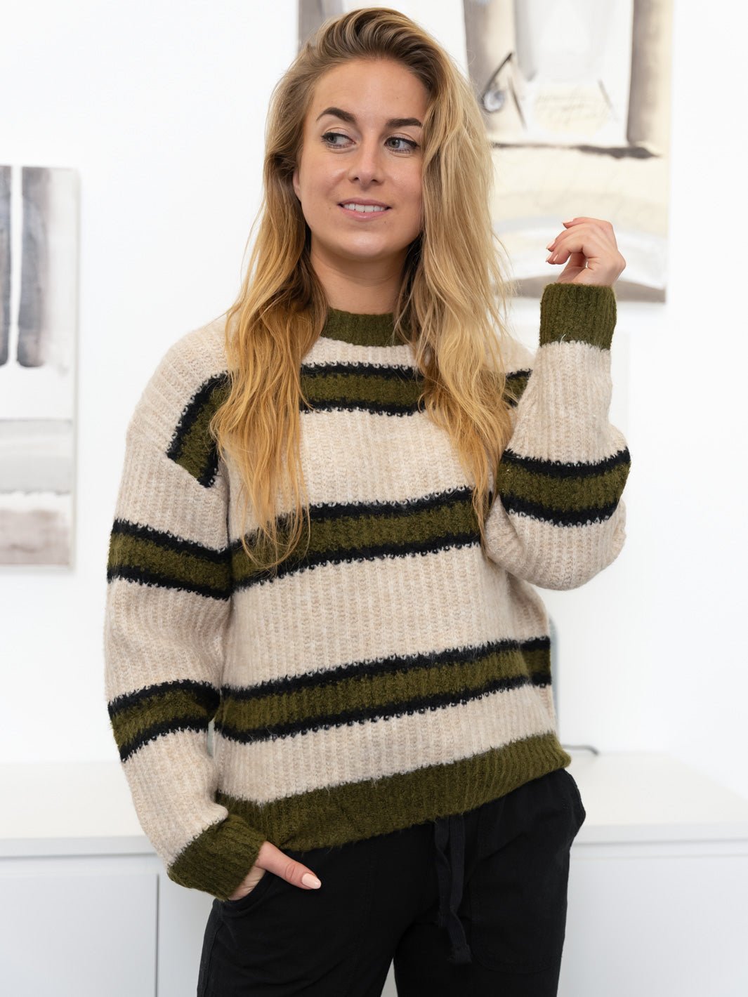 Liberté Fro pullover sand/army/black stripe - Online-Mode